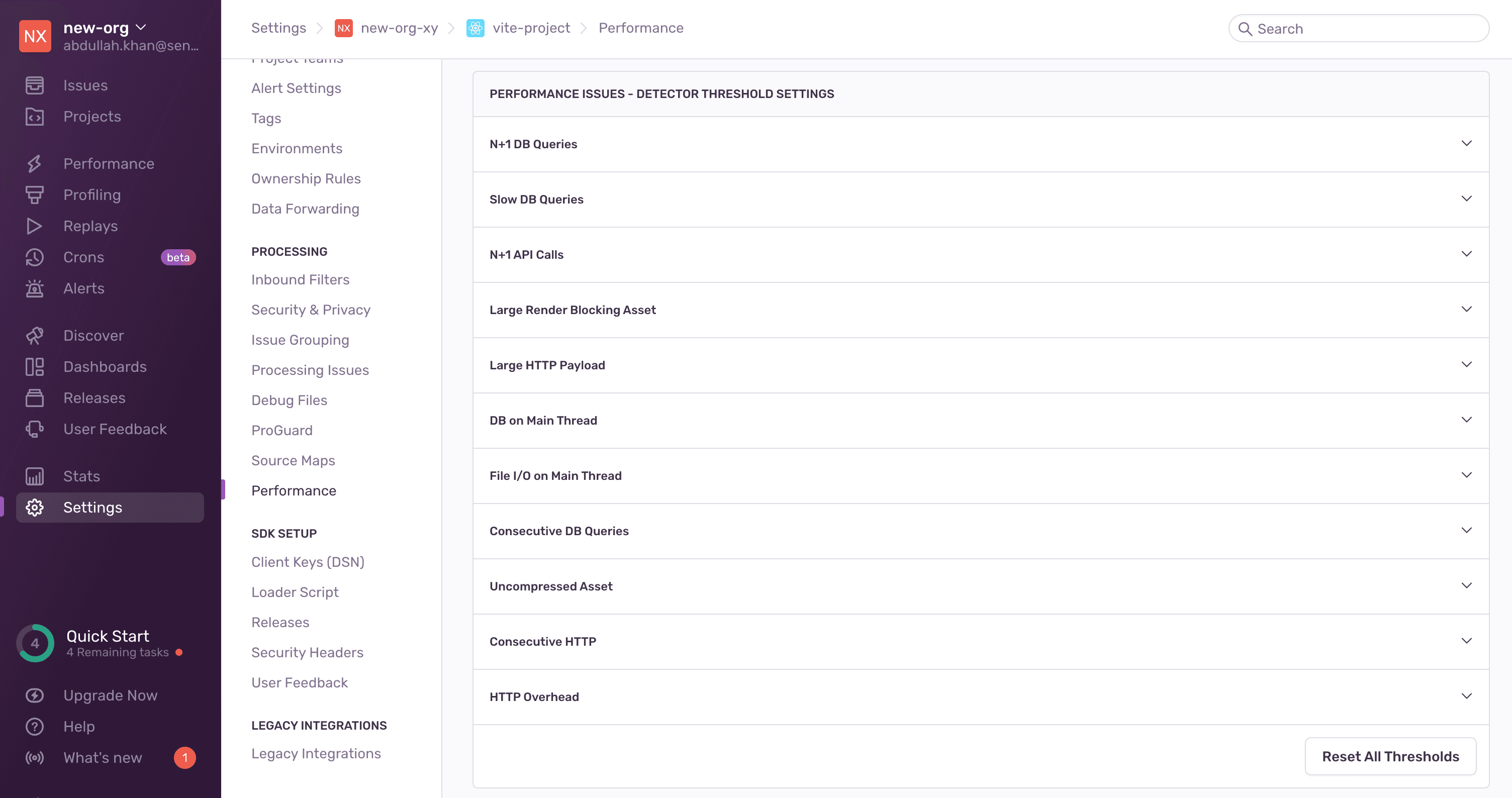 Detector Threshold settings customer ui screenshot